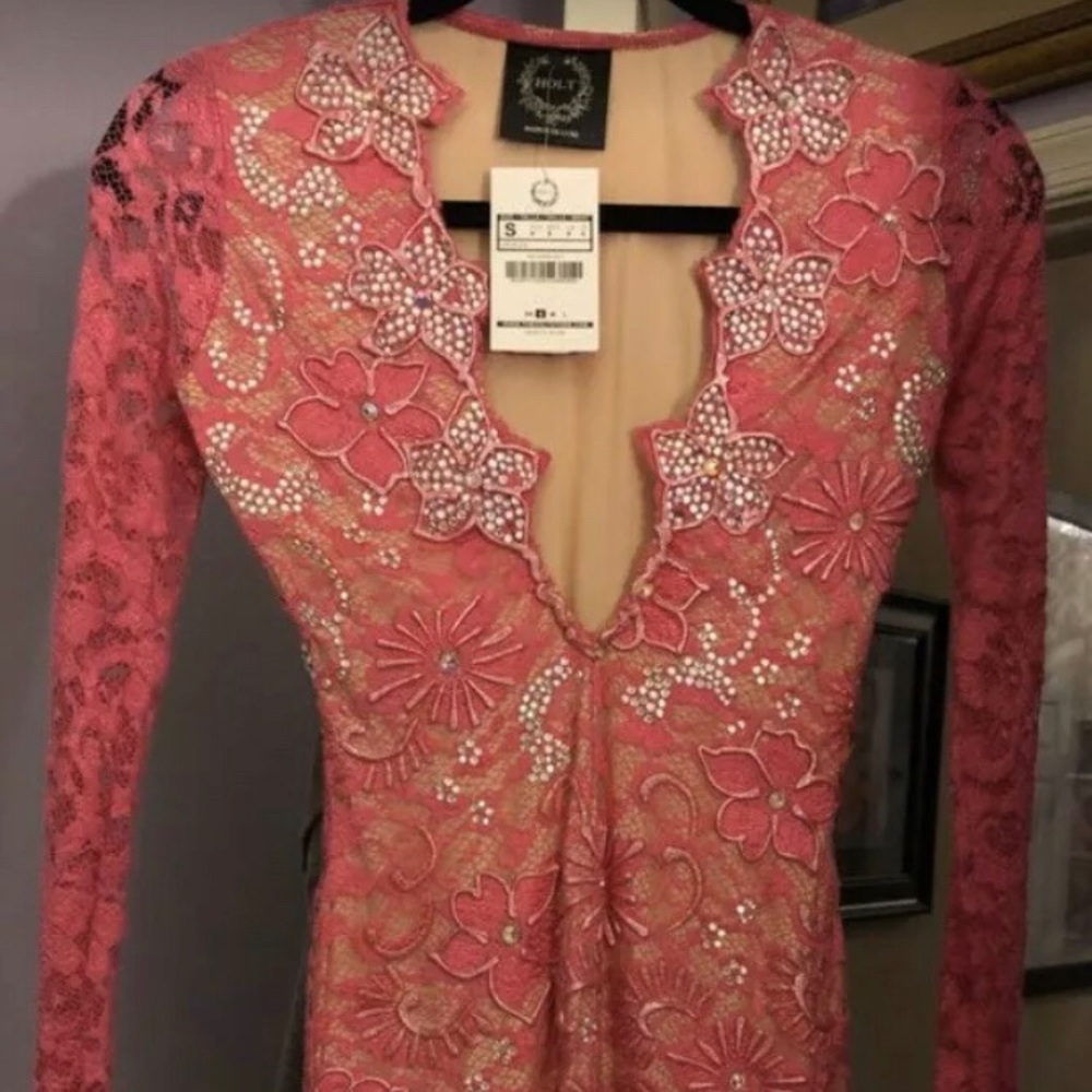 NWT HOLT ELI Pink Handmade Paint Lace rhinestones Embellished Dress